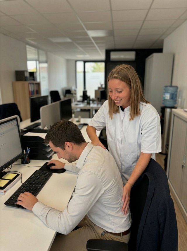 Ostéopathe en entreprise à Biganos — massage d'ergonomie au poste de travail par Charlotte Nayet